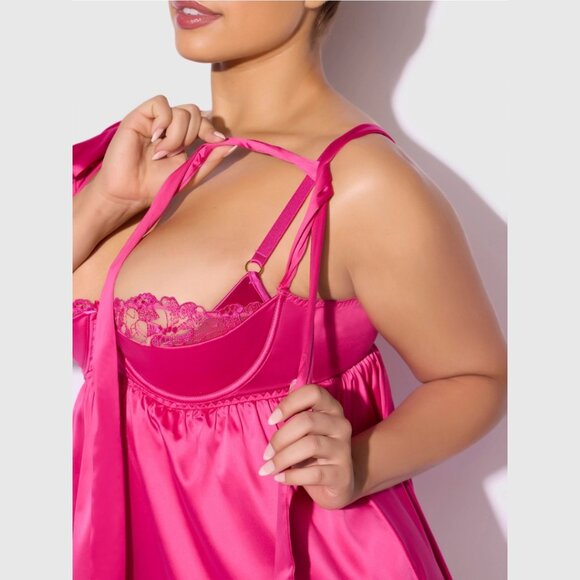 House of Desire Brigeta Pink Satin Open Cup Babydoll and G-String Lingerie Set - Picture 5 of 7